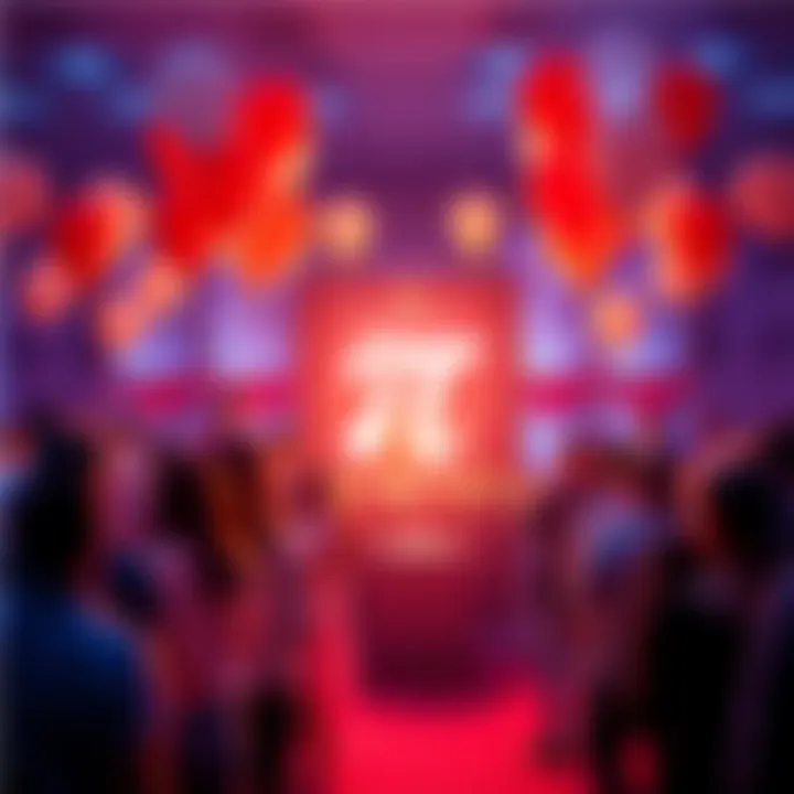 A group of people celebrating the anniversary of Pi Network with balloons and banners