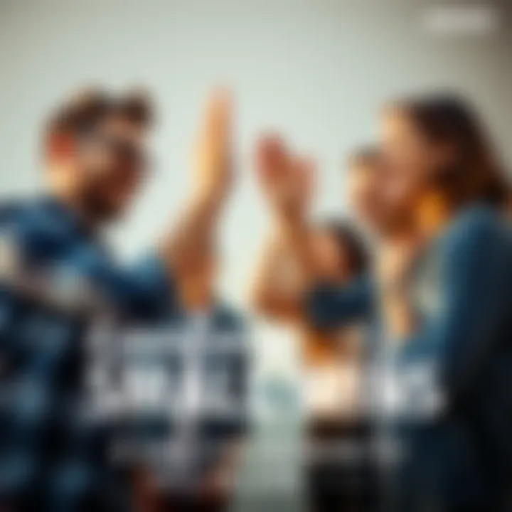 Celebrating Small Wins A group of friends smiling and high-fiving each other in a bright, cheerful setting, celebrating achievements together