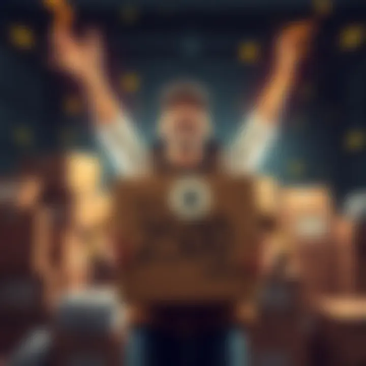 A joyful person holding a box with parcels around them, celebrating the milestone of unlocking 2500 parcels.