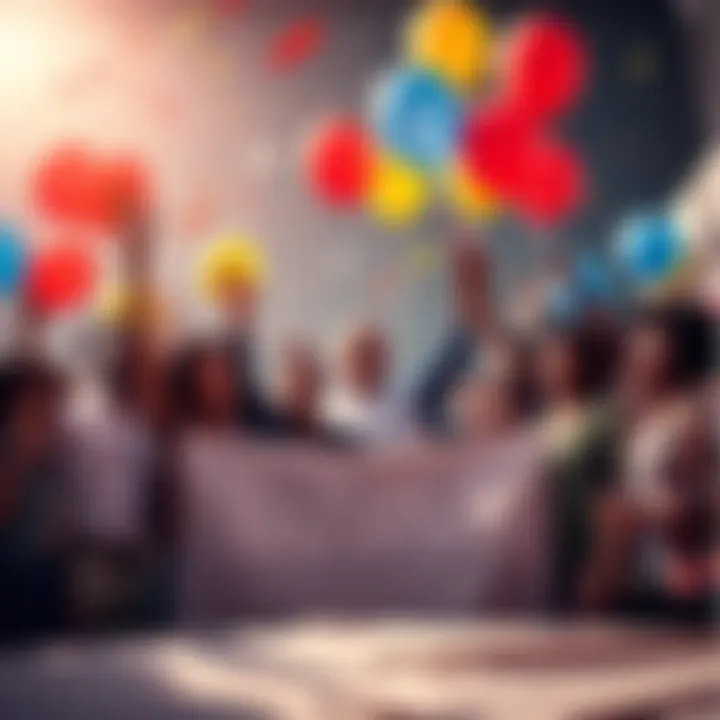 A group of diverse people celebrating with banners and balloons, marking eleven years of leadership dedicated to freedom.