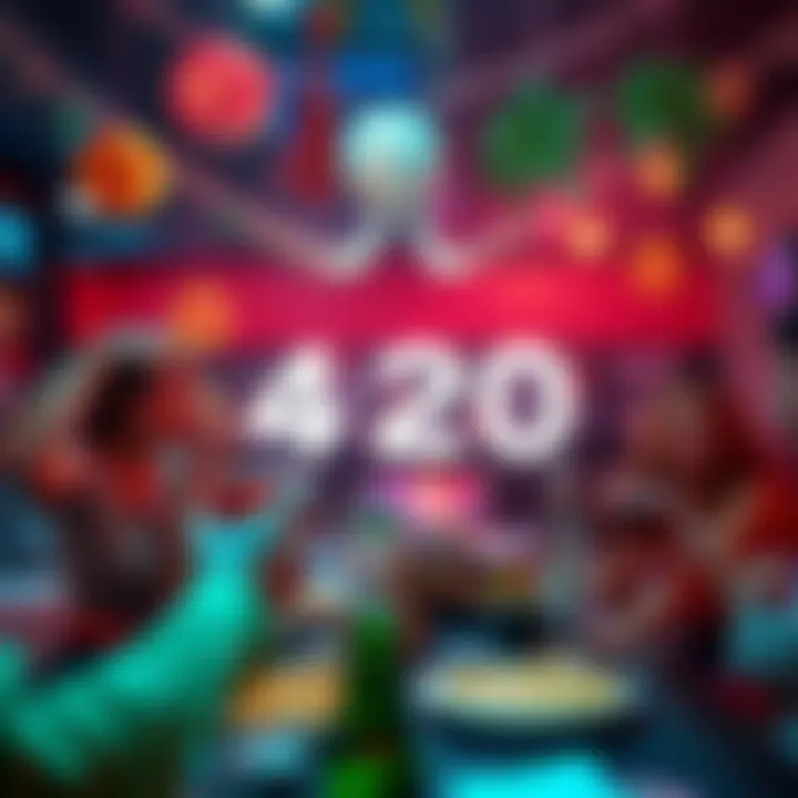 Group of people celebrating 4/20 with food, drinks, and decorations in a festive atmosphere