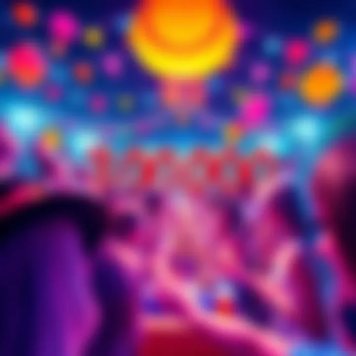 A vibrant community celebration with colorful decorations and people joyfully participating in events, representing the milestone of 30,000 frens.