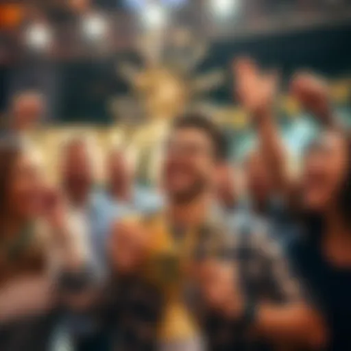 A joyful person celebrating a significant personal accomplishment with friends and family, smiling and holding a trophy.