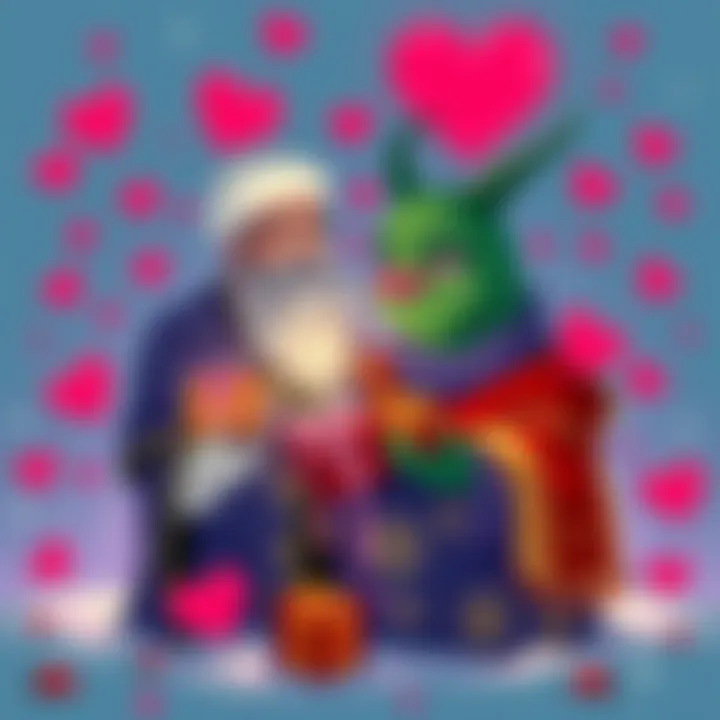 A colorful illustration showing Satoshi and Nurgle exchanging gifts, with hearts around them symbolizing love in the cryptocurrency community.