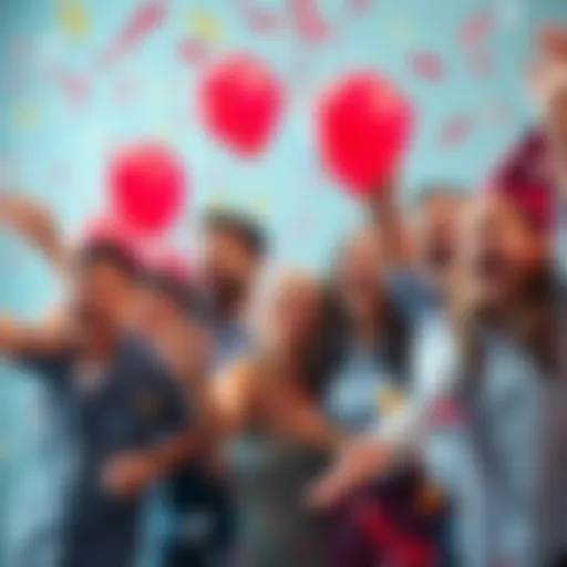 A group of happy people celebrating accomplishments with confetti and balloons