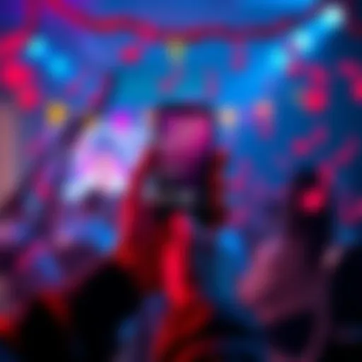A person holding a smartphone with a playlist on screen, surrounded by music notes and cheerful decorations, symbolizing the excitement of quitting a job after Hedera's success