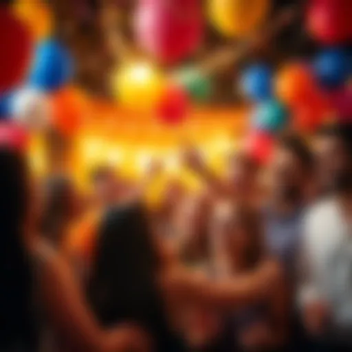 People enjoying a lively celebration with balloons and confetti, surrounded by joyful expressions and vibrant decorations.