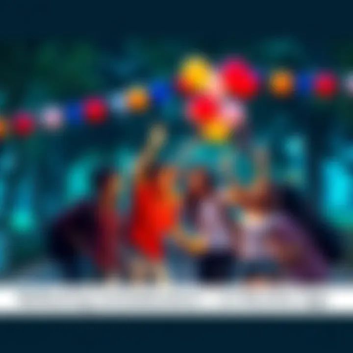 A group of people joyfully celebrating together in a park, decorated with colorful balloons and banners, creating a festive atmosphere.