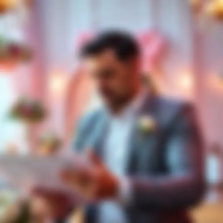 Celsius CEO Alex Mashinsky looking at wedding plans with a thoughtful expression, surrounded by wedding decorations.