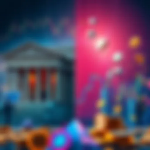 A split image showing centralized finance on one side, with banks and stock markets, and decentralized crypto on the other with blockchain symbols and independent coins