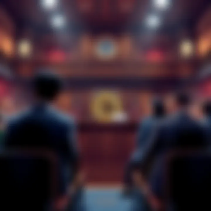 A courtroom scene showing a judge delivering a sentence to a CEO of a cryptocurrency, with concerned faces in the audience.