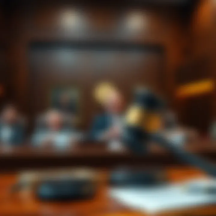 A courtroom scene showing a CEO being convicted for crypto fraud, with a gavel and legal documents in view.