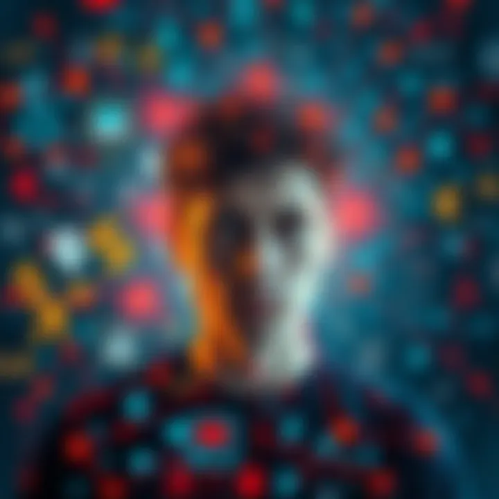 A person surrounded by digital symbols and equations, showcasing the juxtaposition of intelligence and a chaotic digital landscape.