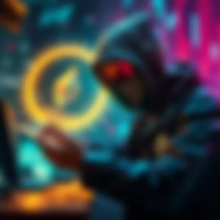A digital representation of a hacker buying Ethereum after a large crypto theft, with money symbols and blockchain graphics in the background.