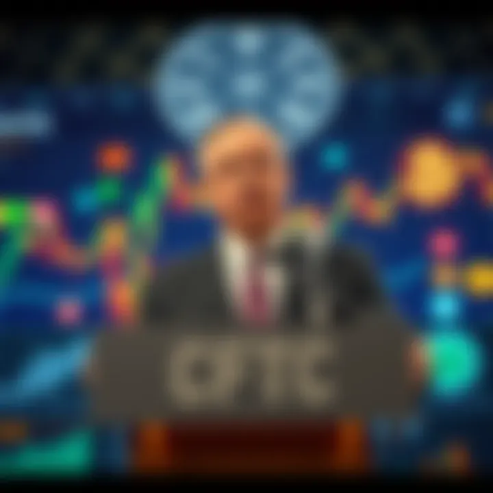 CFTC Chair Discusses Crypto Regulations A former CFTC Chair speaks at a podium about the need for clear cryptocurrency rules for US banks, surrounded by financial charts and digital currency symbols.