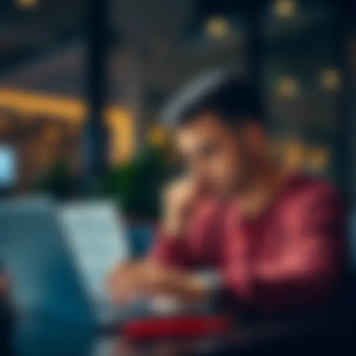 A person evaluating a subscription plan on a laptop, considering options with a thoughtful expression.