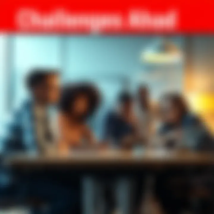 A group of diverse people brainstorming solutions around a table, looking determined as they face an uncertain future.