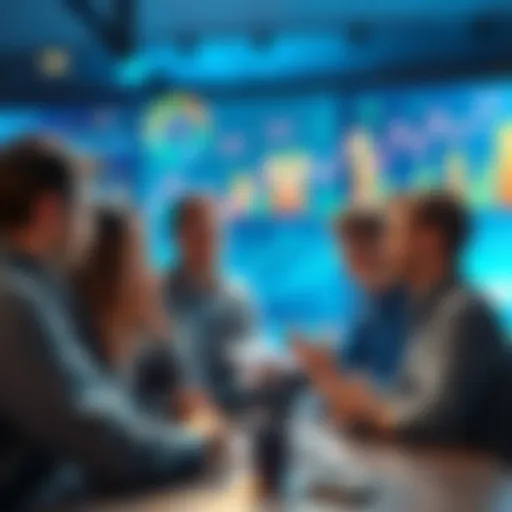 A group of people engaged in a discussion about current trends, with charts and graphs in the background indicating significant changes.