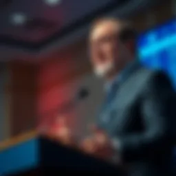 Charles Hoskinson speaking at a podium, promoting the Stem Cell Freedom Act with a focus on healthcare advancements.