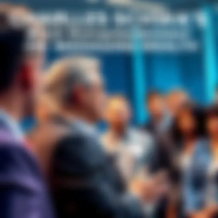 Charles Schwab speaks confidently about investment strategies in front of a group of attentive listeners.