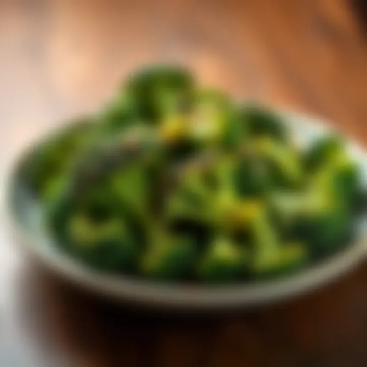Charred broccoli on a plate A plate of perfectly charred broccoli garnished and ready to eat, showcasing its vibrant green color and crisp texture.