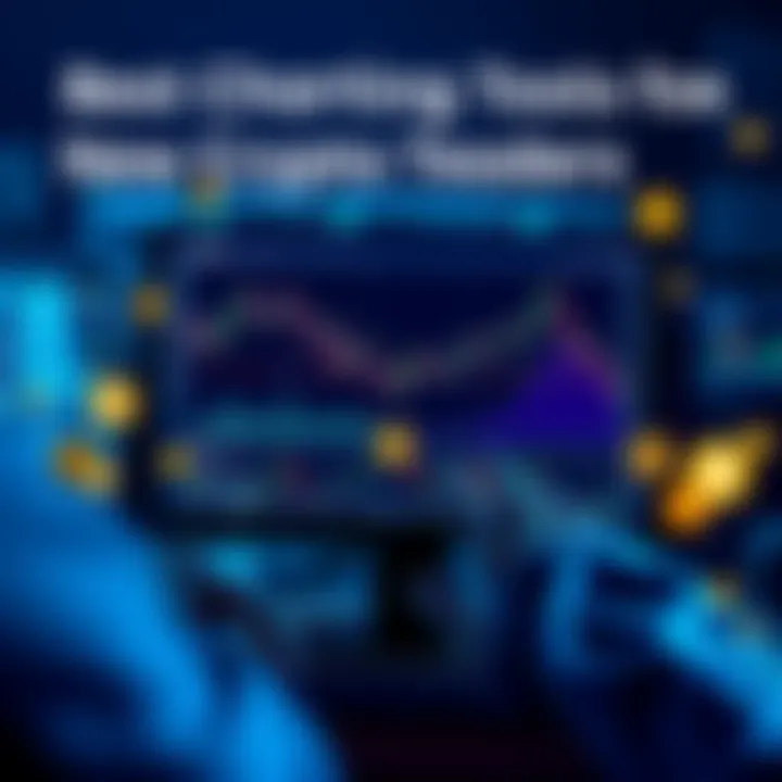 Charting Tools for Crypto Traders A beginner crypto trader analyzing charts on a computer screen with various cryptocurrency symbols around.