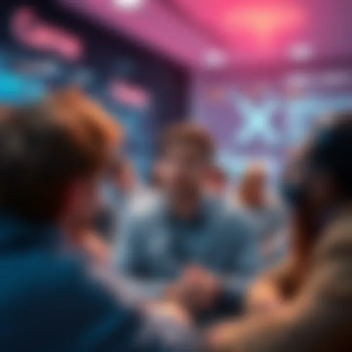 A lively chat room scene with people passionately discussing XRP cryptocurrency, while a newcomer looks surprised and curious.