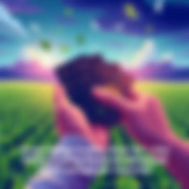 Illustration showing a person holding ecological credits with a backdrop of green fields, symbolizing enhanced DOVU staking rewards.