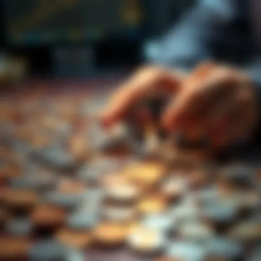 A person examining a collection of coins spread out on a table, with a magnifying glass in hand, looking for errors or rare finds.