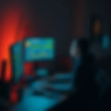 A person sitting at a desk in dim light, looking at a computer screen displaying Bitcoin prices, early morning ambiance