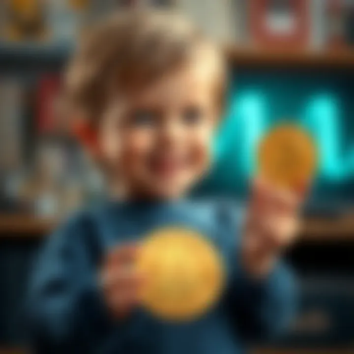 Child Holding a Bitcoin Toy A young child happily holding a toy that looks like a Bitcoin, symbolizing fun and learning about money.