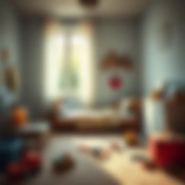 An empty childhood bedroom featuring a neatly made bed, toys on the floor, and sunlight streaming through the window, evoking feelings of nostalgia.