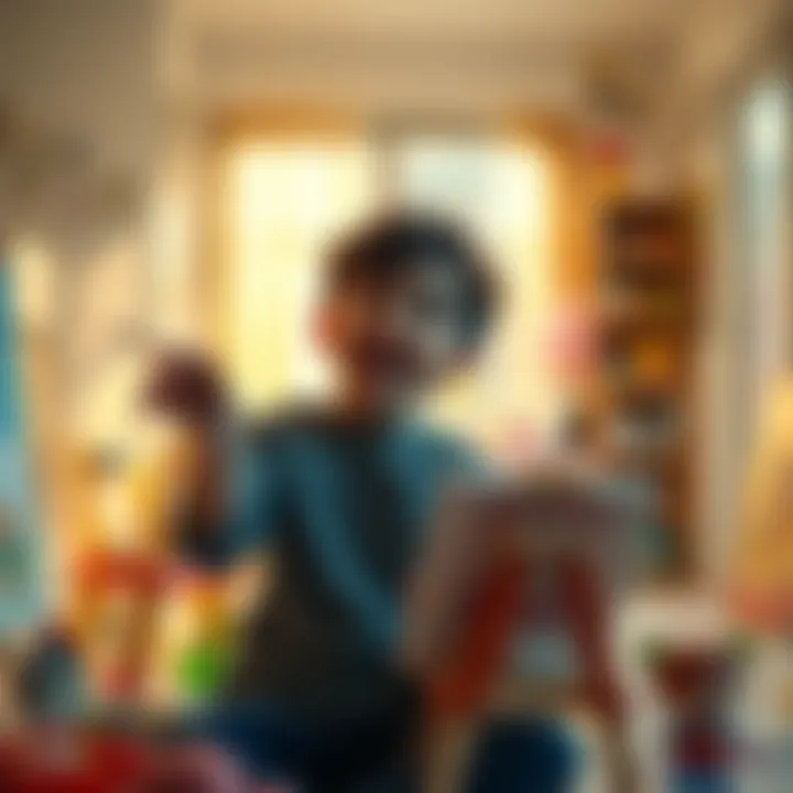 A person joyfully painting in a bright room, surrounded by art supplies and childhood toys, reflecting happiness and creativity after overcoming challenges.