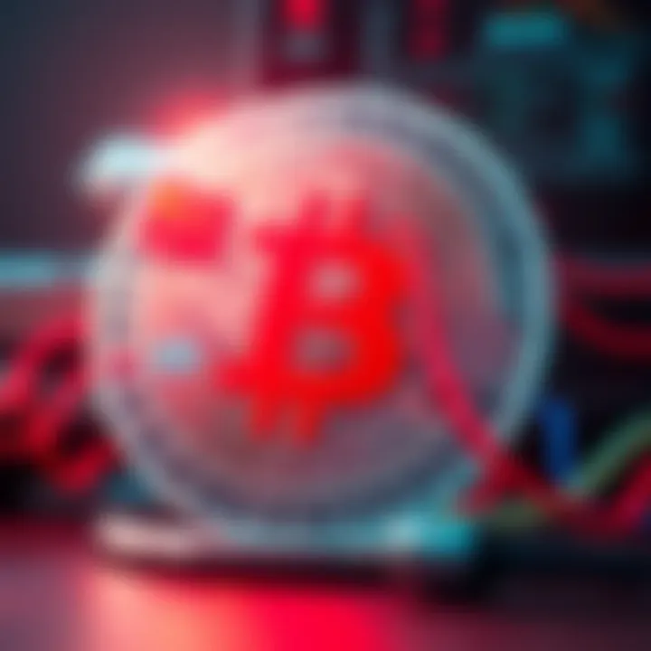 Graphic showing a blockchain symbol with a red warning sign representing China's crackdown on cryptocurrencies
