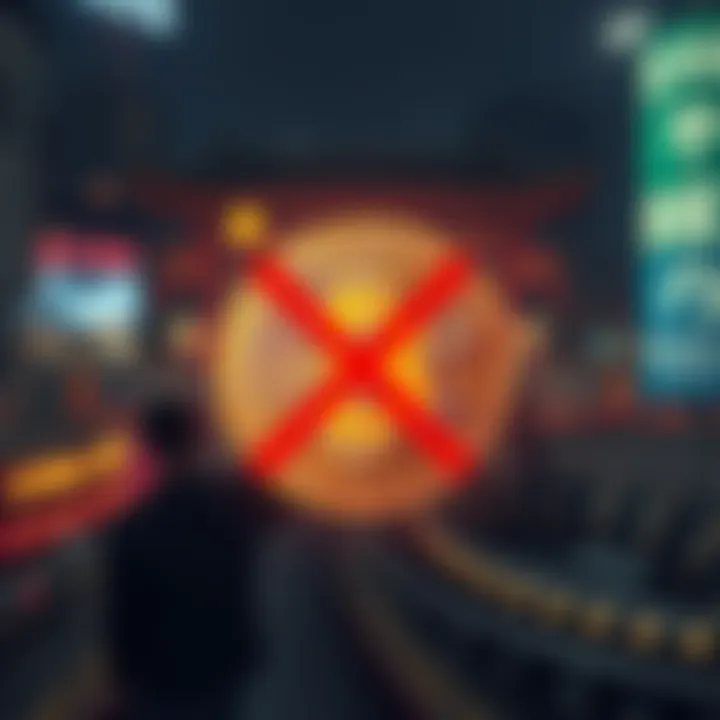 A graphic representation showing the Bitcoin symbol with a red prohibition sign over it, illustrating China's ban on Bitcoin.