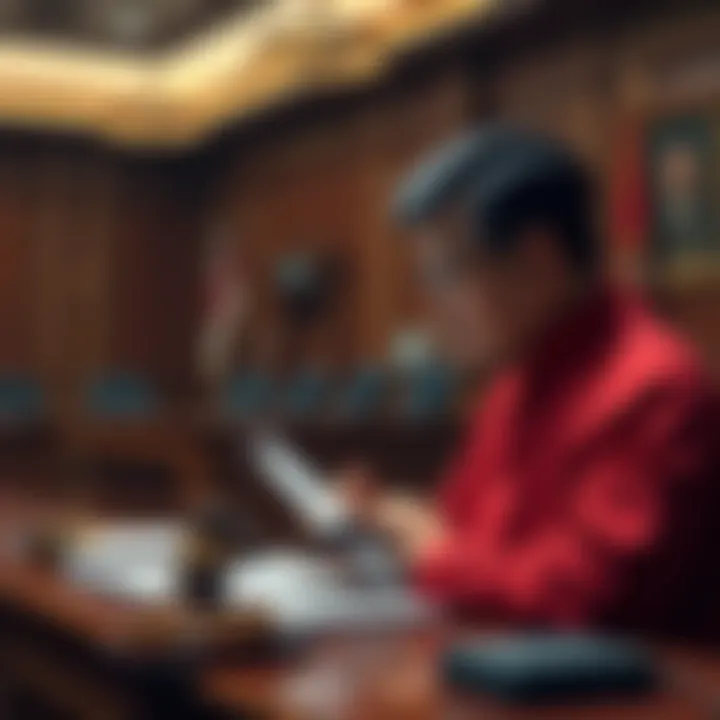 A courtroom scene showing a judge sentencing a Chinese man involved in a cryptocurrency fraud case, with legal documents and a gavel present.