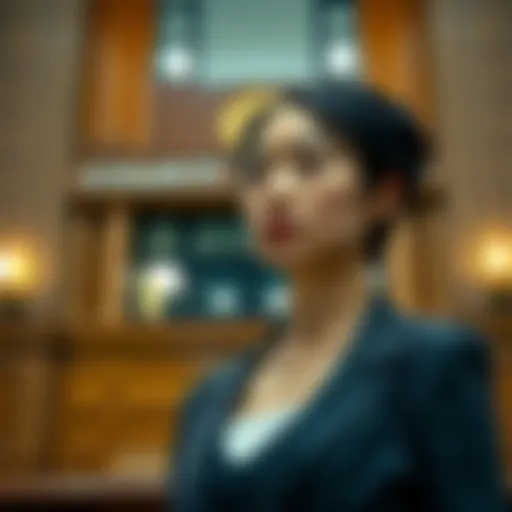 A Chinese woman standing in front of a courtroom, looking serious after being convicted for her role in a major bitcoin seizure in the UK.