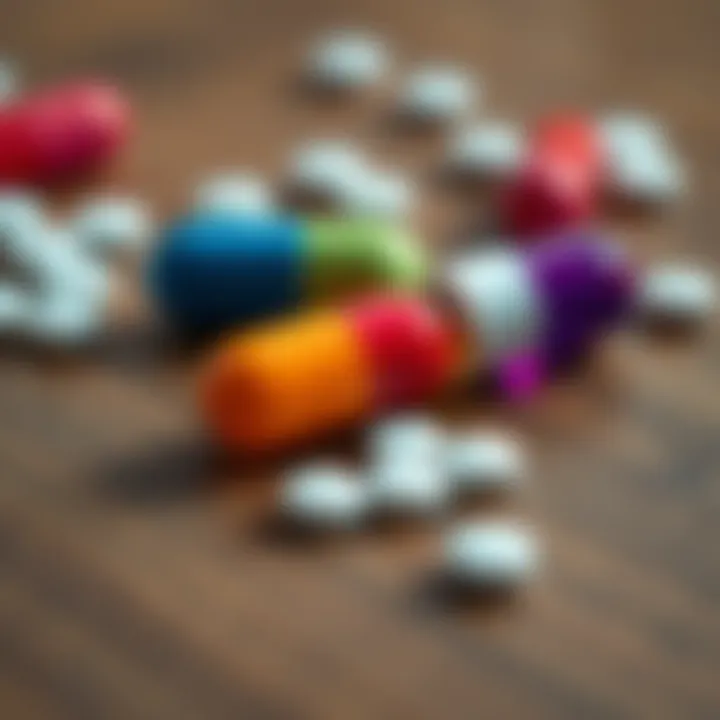 A close-up of two colorful pills, representing different life choices, placed on a wooden table.