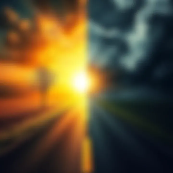 A split image showing two different paths representing choices, one with a bright sunny path and the other a dark and stormy road, symbolizing decision-making scenarios.