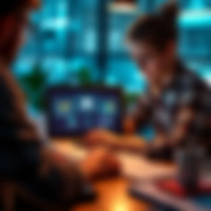 A marketing intern examines different content management systems on a laptop, highlighting Webflow and other CMS options, surrounded by notes and digital tools.