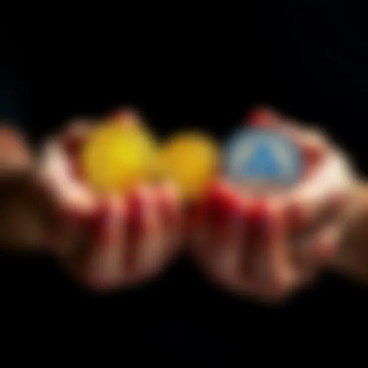 Two hands holding coins with logos of different validators on them, symbolizing the decision to pick the right validator for SOL delegation