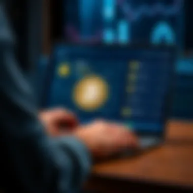 A person selecting a Bitcoin client on a laptop, showing a digital wallet interface with security features highlighted.