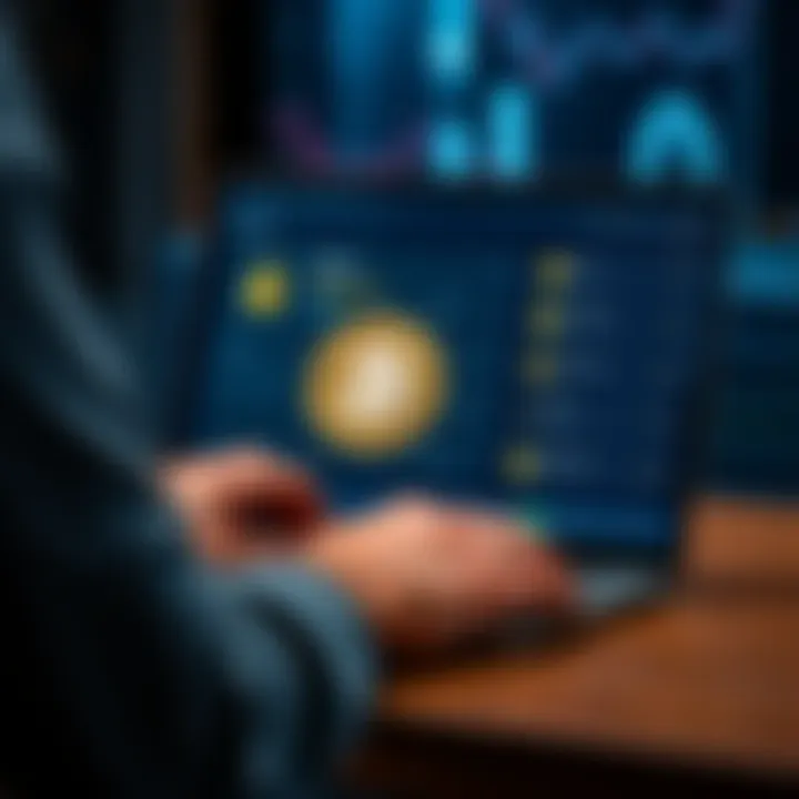A person selecting a Bitcoin client on a laptop, showing a digital wallet interface with security features highlighted.