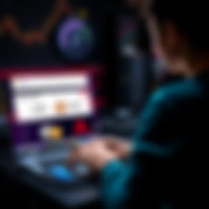 A person looking at a laptop with crypto exchange websites open, highlighting important factors like fees and available coins.