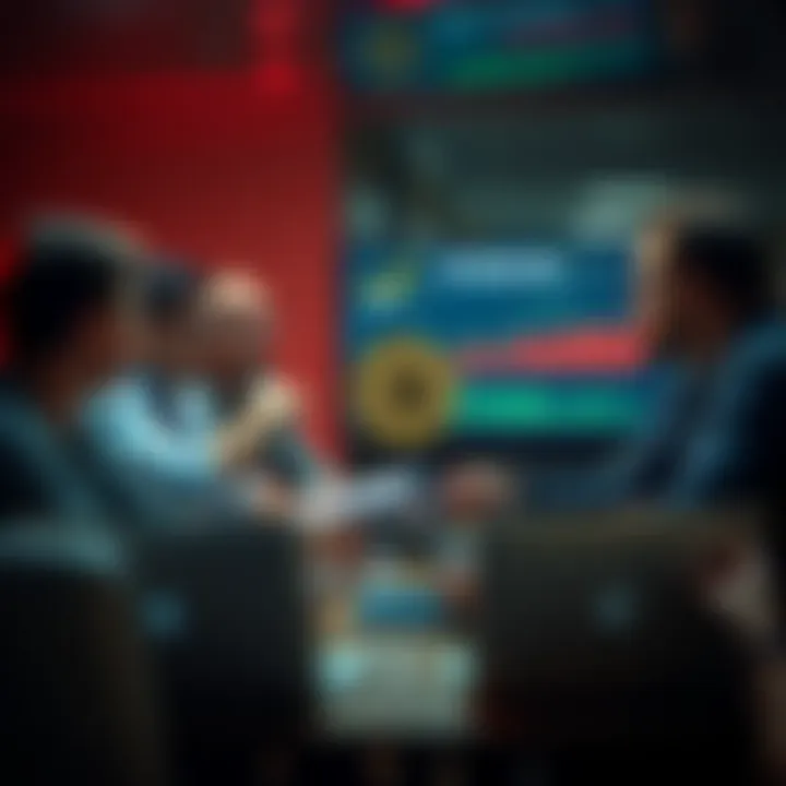 A group of Christians gathered around laptops discussing Bitcoin investments with financial charts on the screen