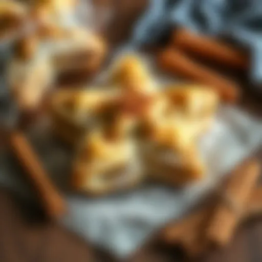 Baking Cinnamon Star Bread Freshly baked Cinnamon Star Bread shaped like a star, golden brown and flaky, on a wooden table with some cinnamon sticks nearby