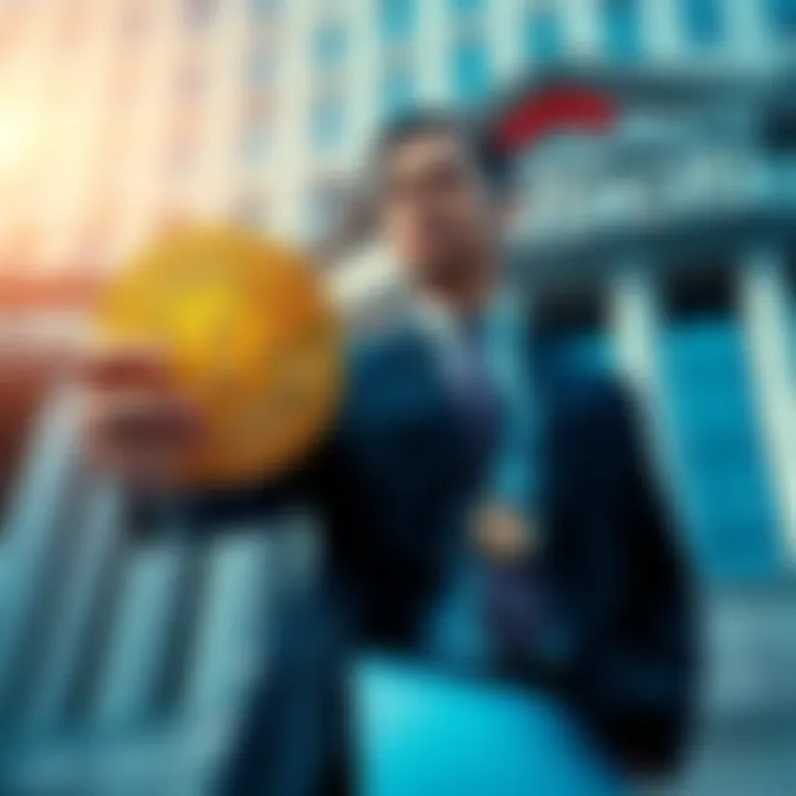 A businessman holding a Bitcoin symbol in front of a bank building, symbolizing Citigroup's new initiative to integrate Bitcoin into traditional finance.