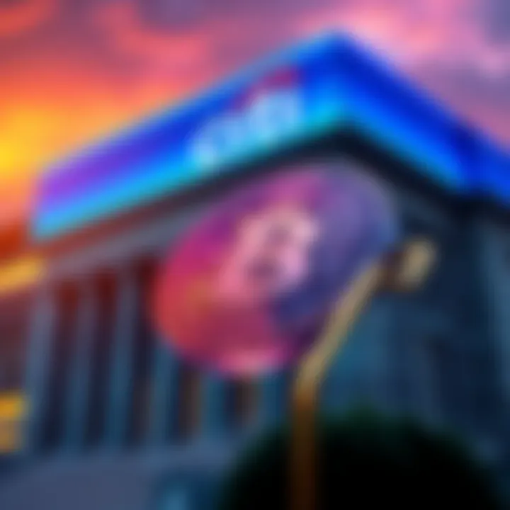 Citi bank building with Bitcoin symbol overlay, representing the merger of cryptocurrency with traditional finance.