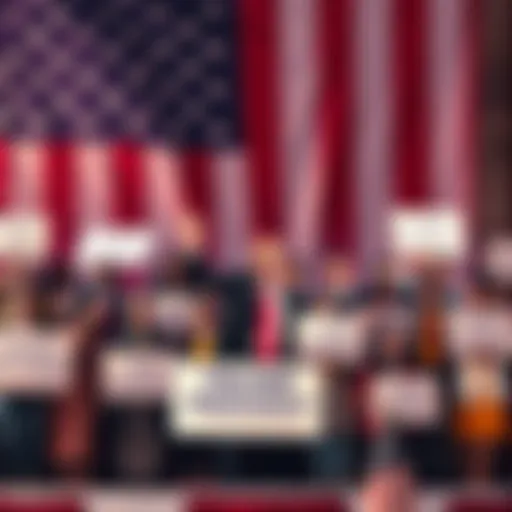 A group of diverse citizens holding signs expressing gratitude towards President Trump, standing in front of a large American flag, smiling and waving.