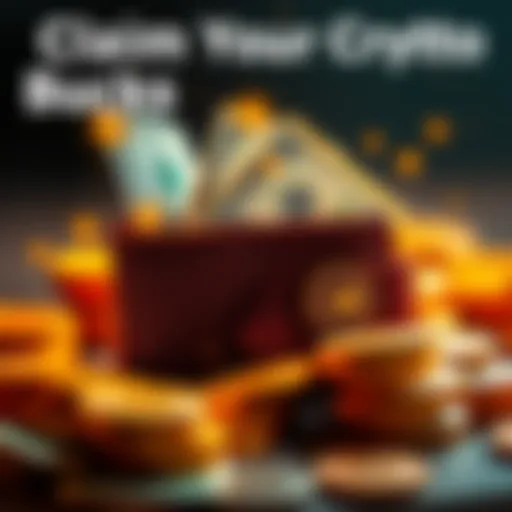 A graphic showing a wallet filled with crypto coins and dollar bills, with a prompt to comment location for withdrawal